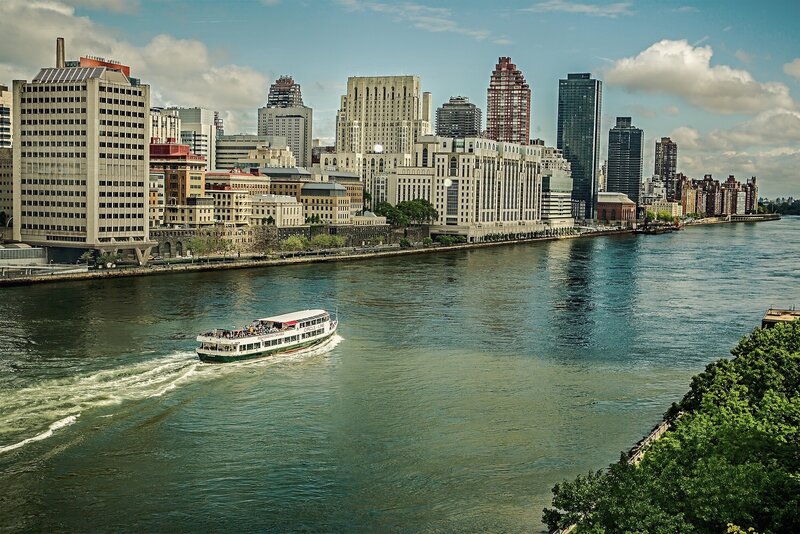 Ferry Boat on River — Blue, Calm, Afternoon