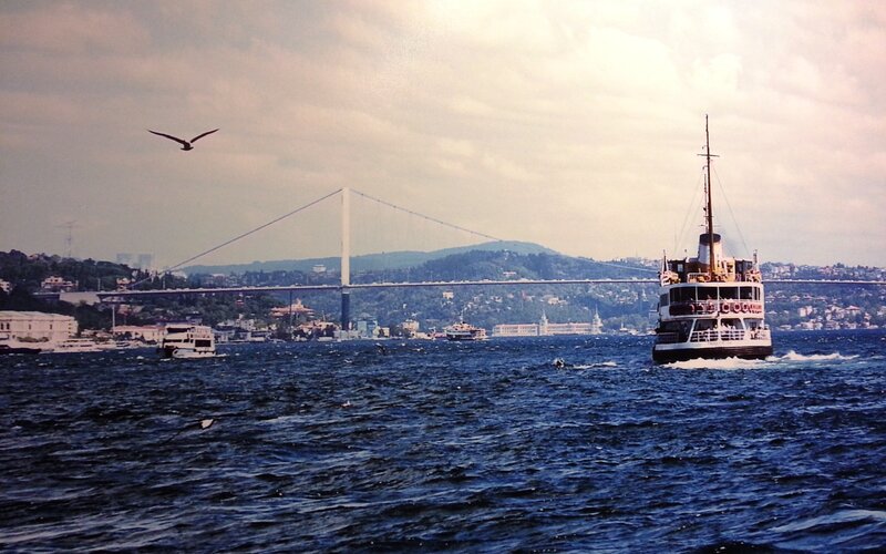 Ferry Boat on Water — Blue, Calm, Afternoon, Photograph, Bridge, Bird