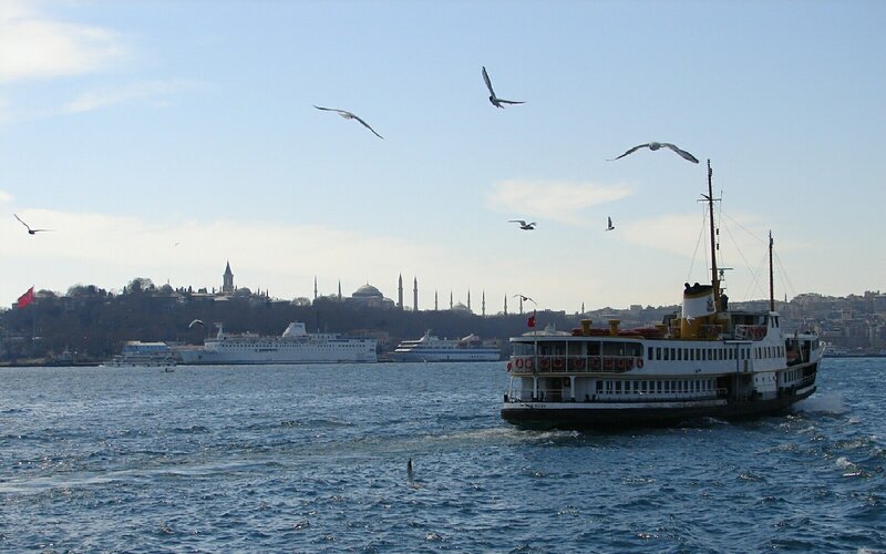 Ferry Boat on Water — Blue, Calm, Afternoon, Photograph, Seagulls