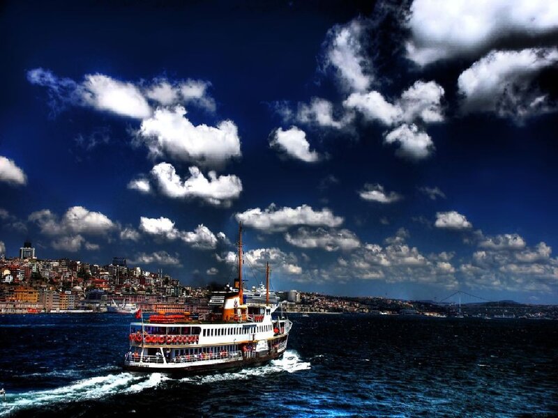 Ferry Boat on Water — Blue, Dramatic, Afternoon