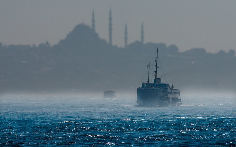 Ferry Boat on Water — Blue, Hazy, Morning