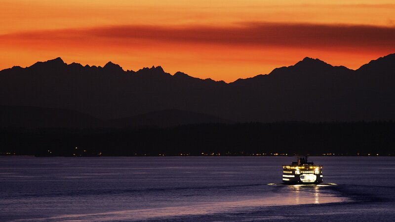 Ferry Boat on Water — Orange, Dramatic, Sunset