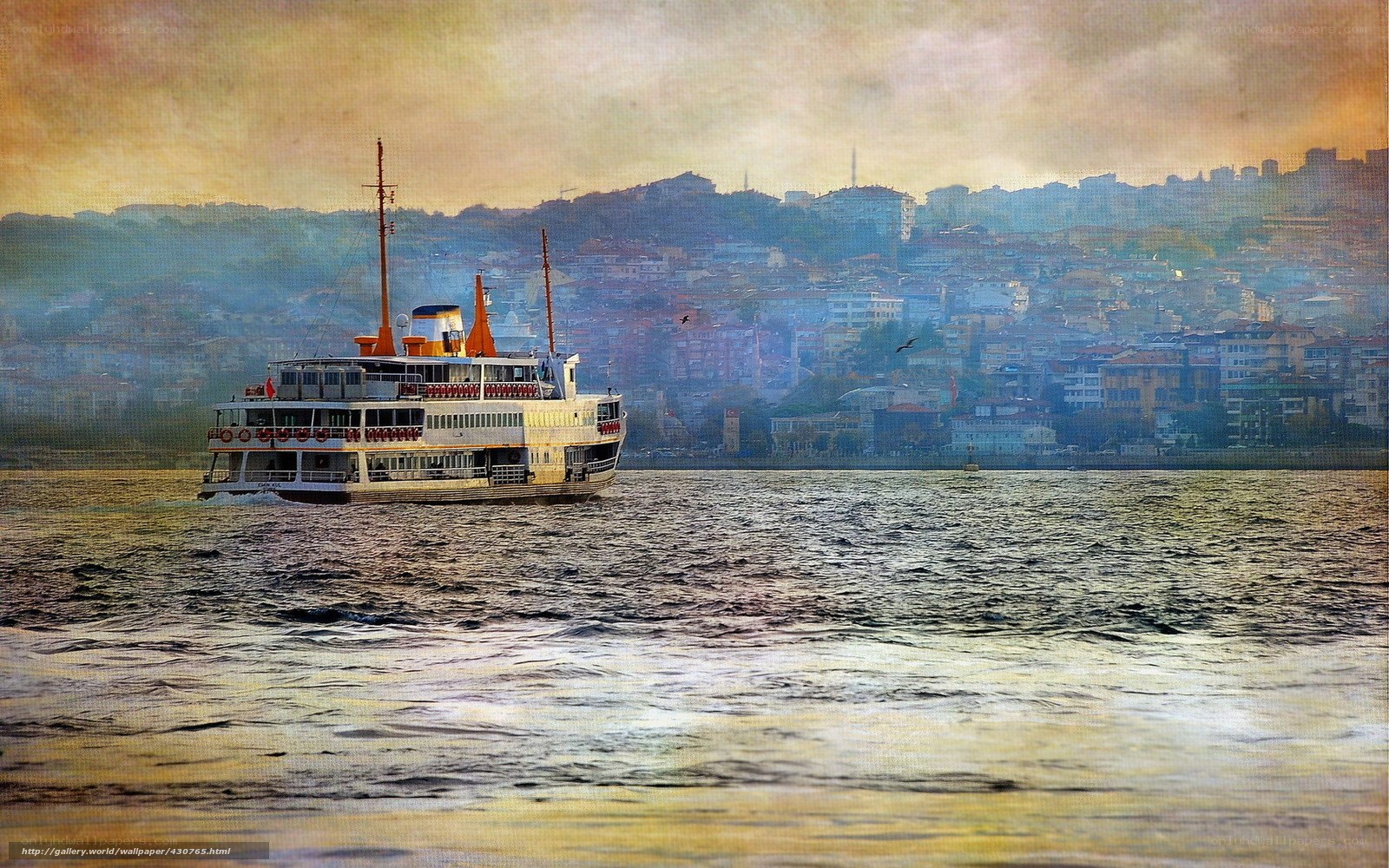 Ferry on a city waterfront