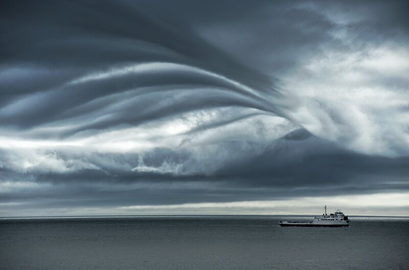 Ferry on Calm Sea — Gray