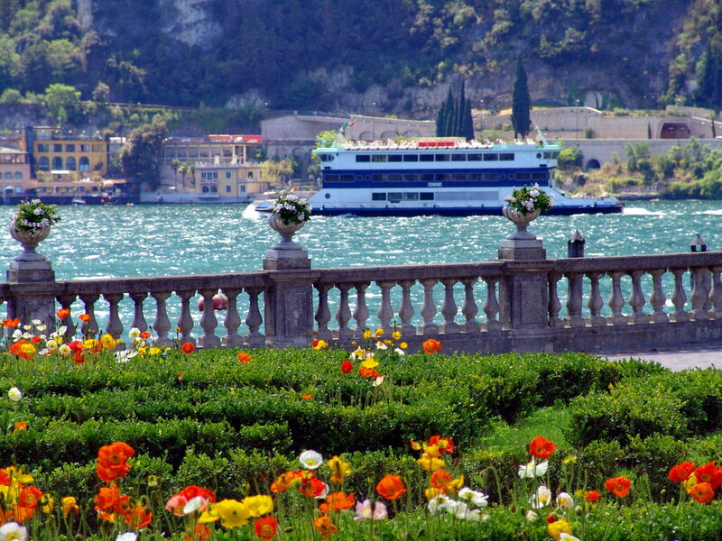 Ferry on Lake with Flowers