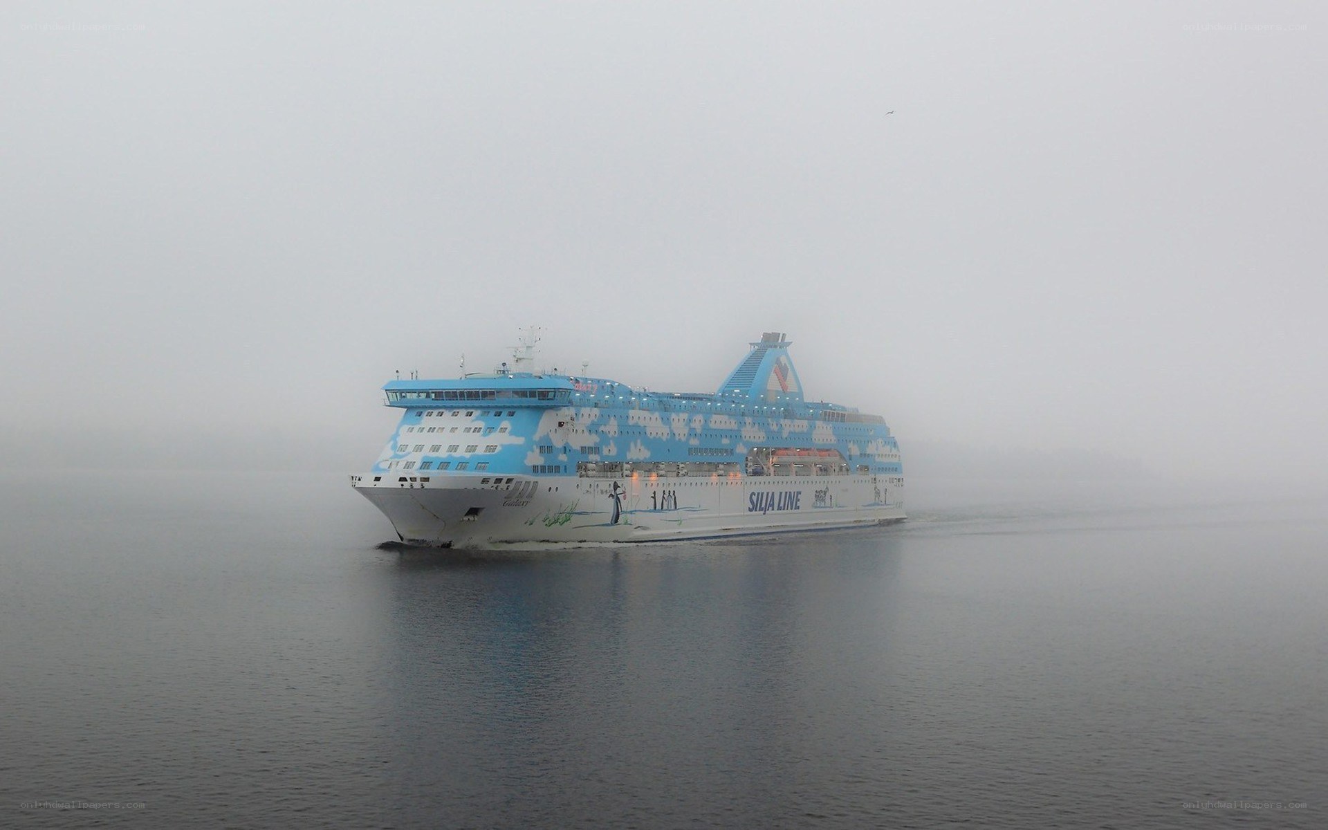 Ferry sailing in foggy waters
