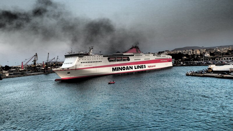 Ferry Ship in Harbor — Gray