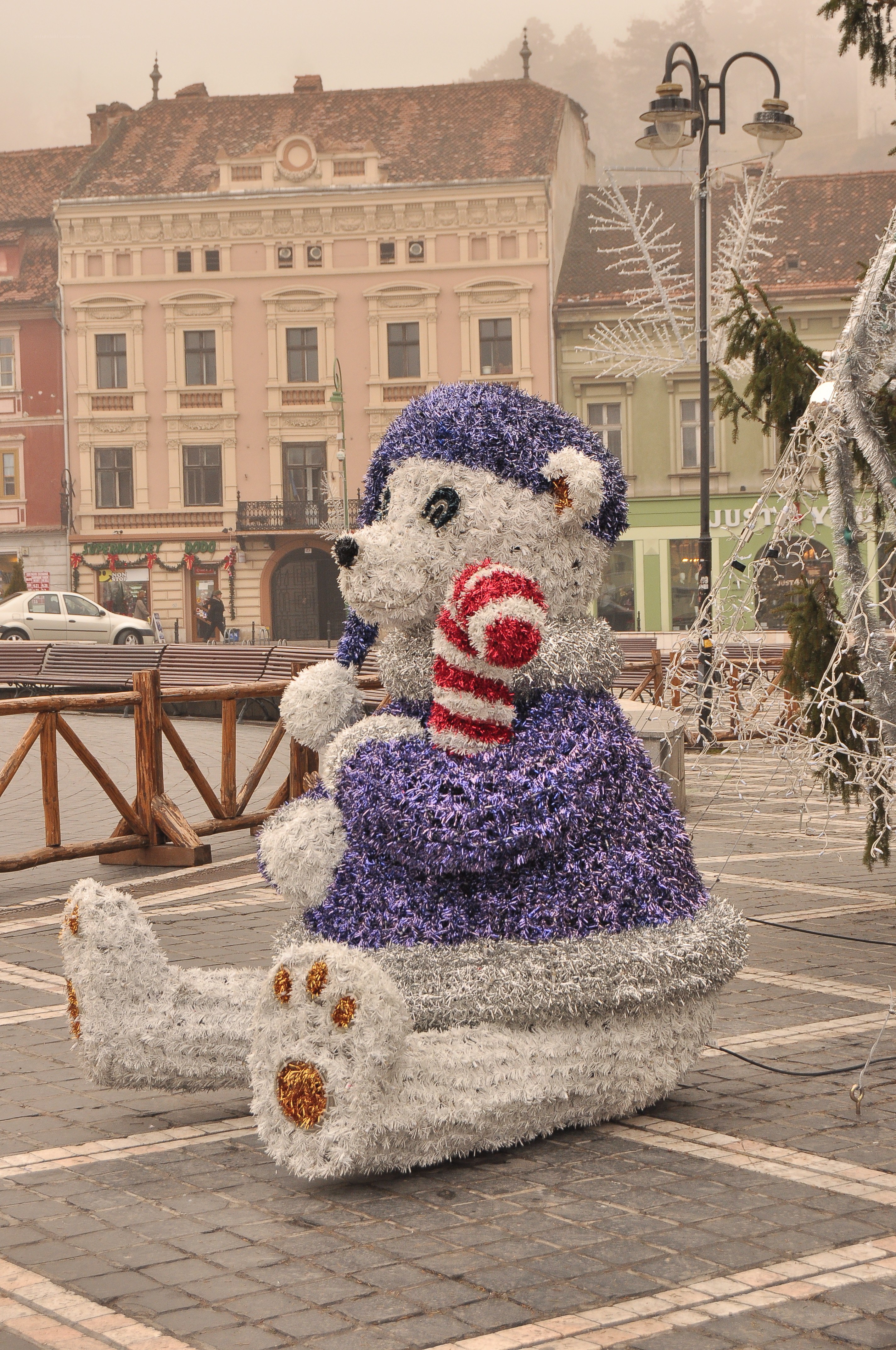 Festive bear sculpture in town square