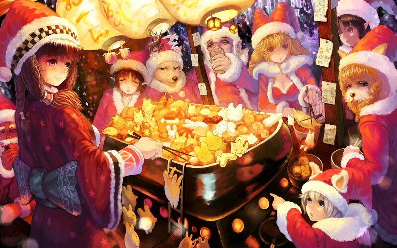 Festive characters at a food stall