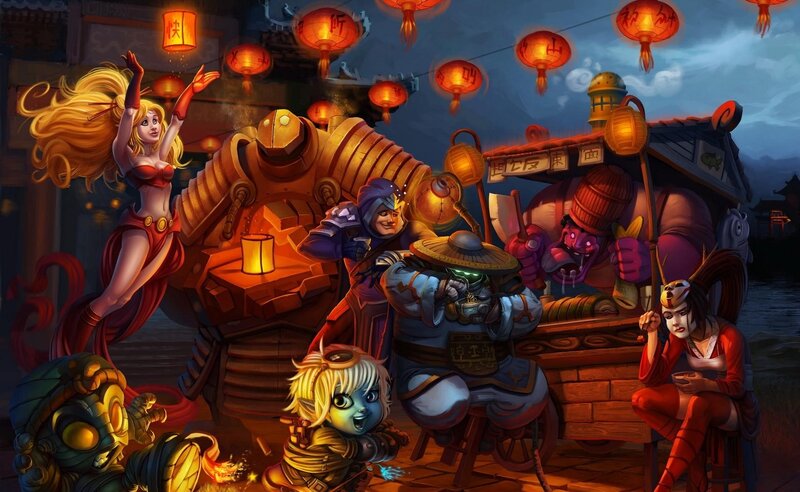 Festive characters in lantern-lit scene