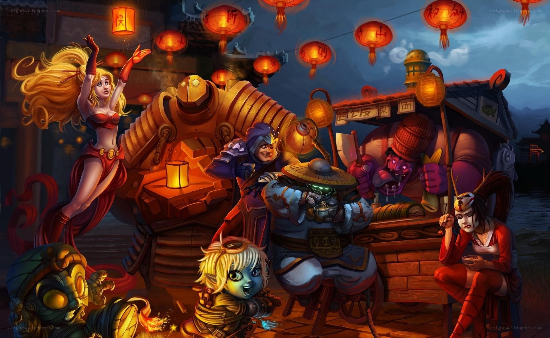 Festive characters in lantern-lit scene