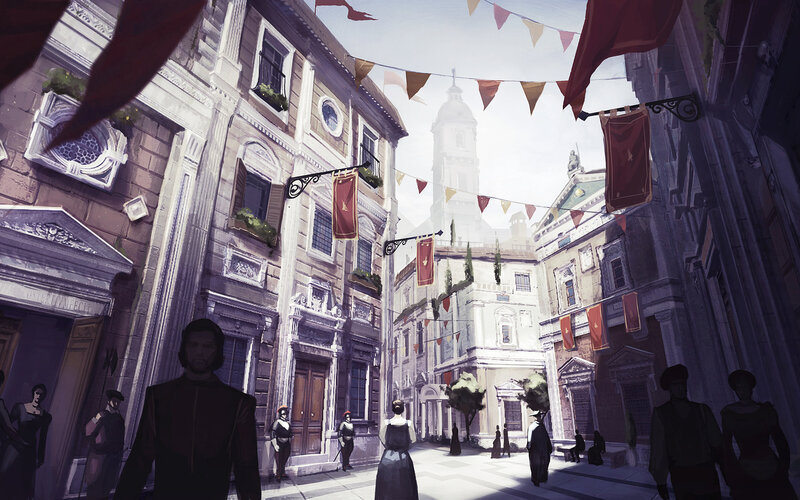 Festive city square with banners
