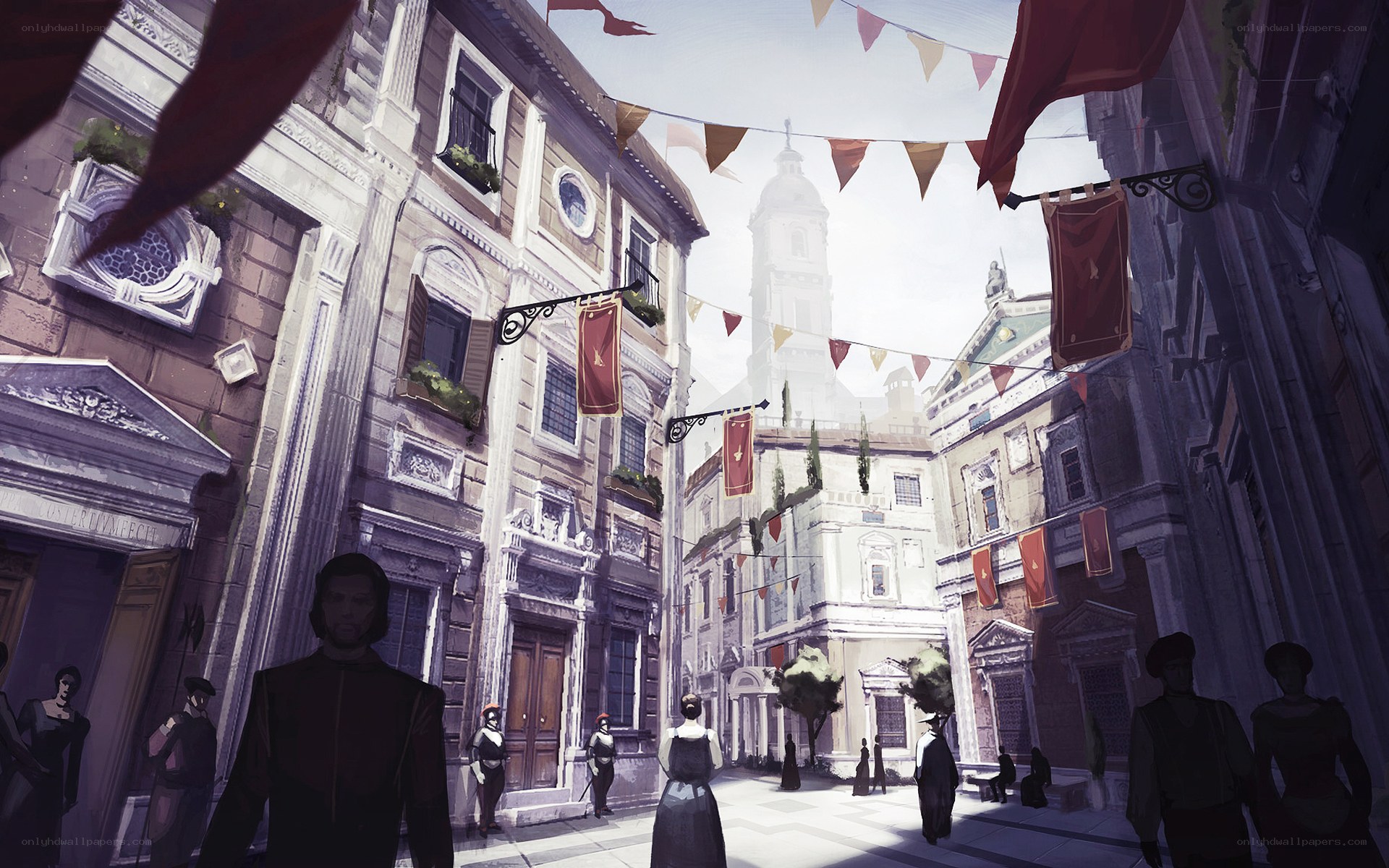 Festive city square with banners