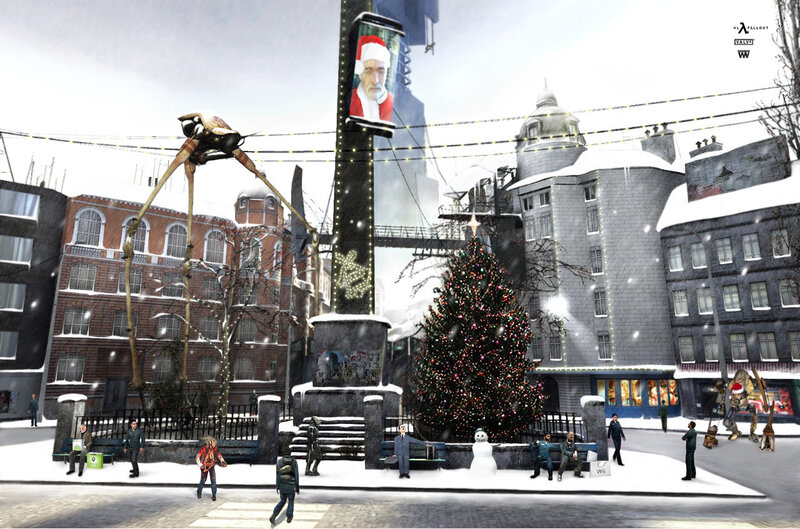 Festive city square with giant robot