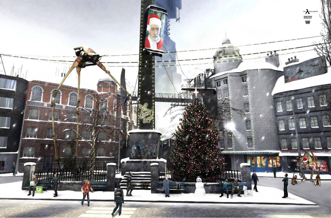 Festive city square with giant robot