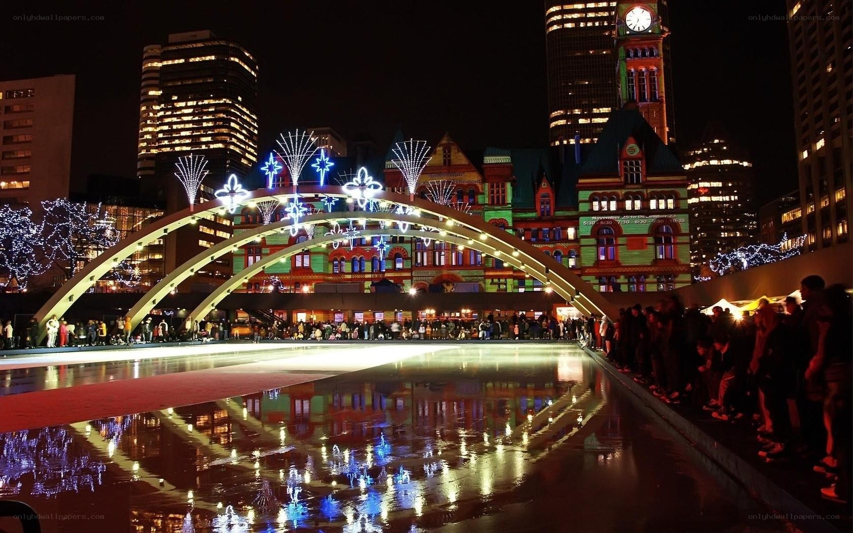 Festive ice rink at night