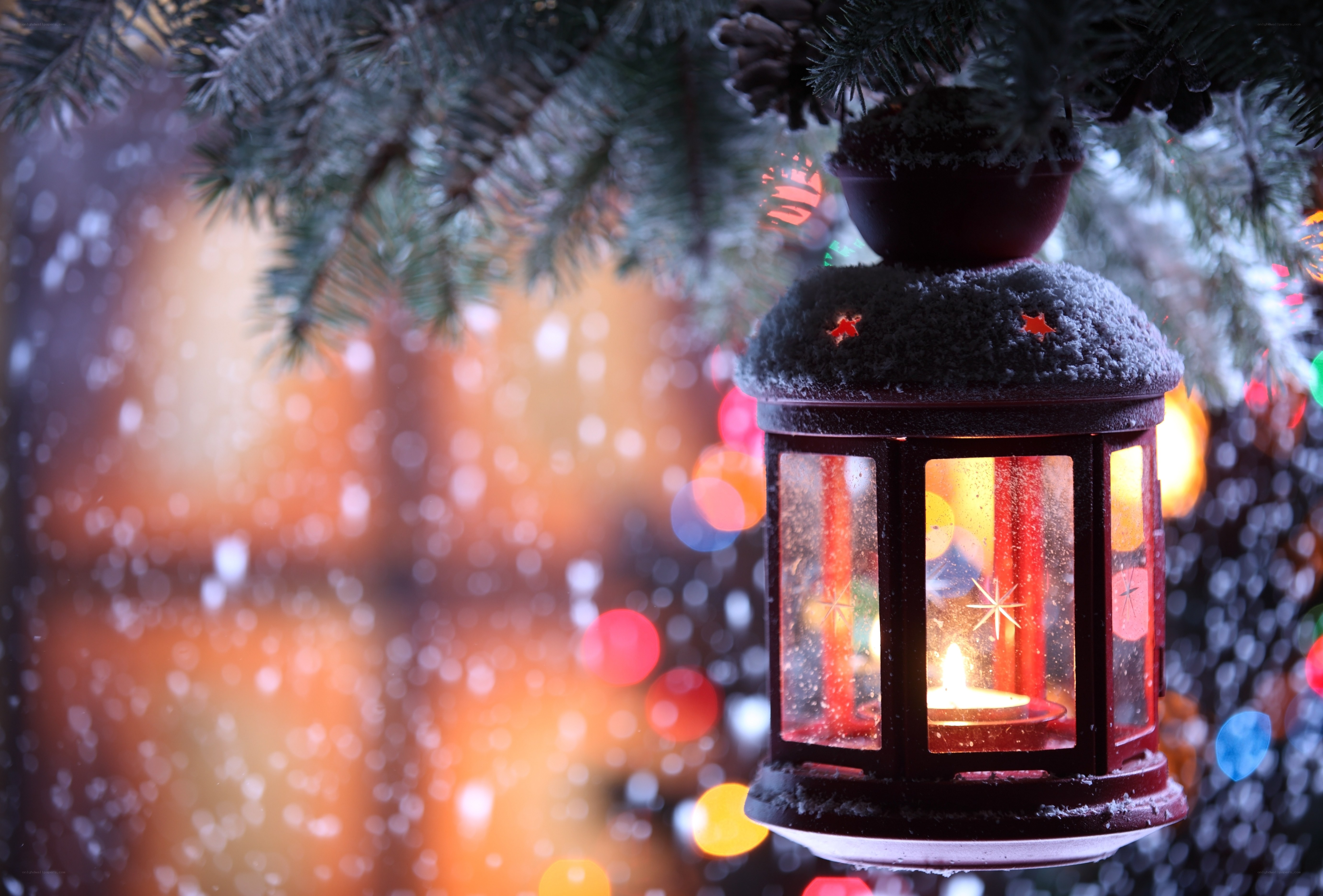 Festive lantern in snowy forest