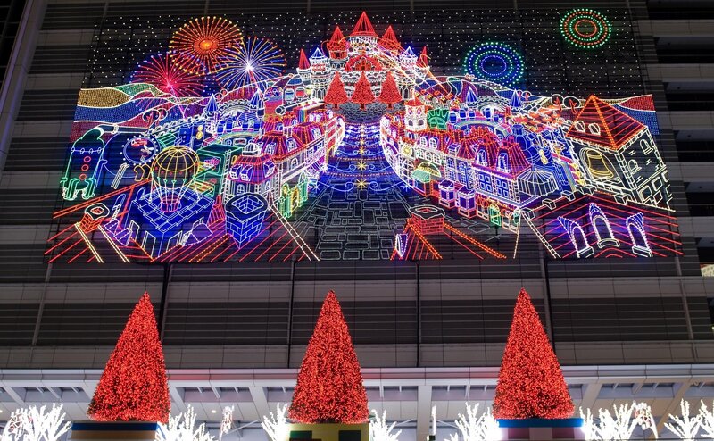Festive light display on building