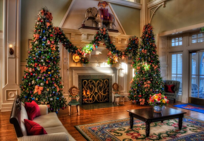 Festive lobby with Christmas trees