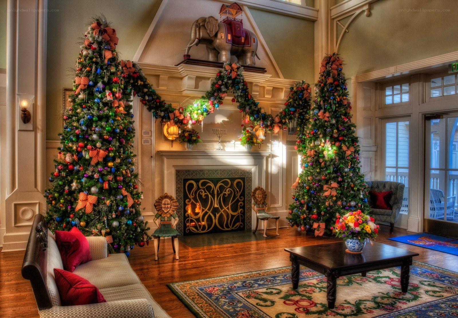Festive lobby with Christmas trees