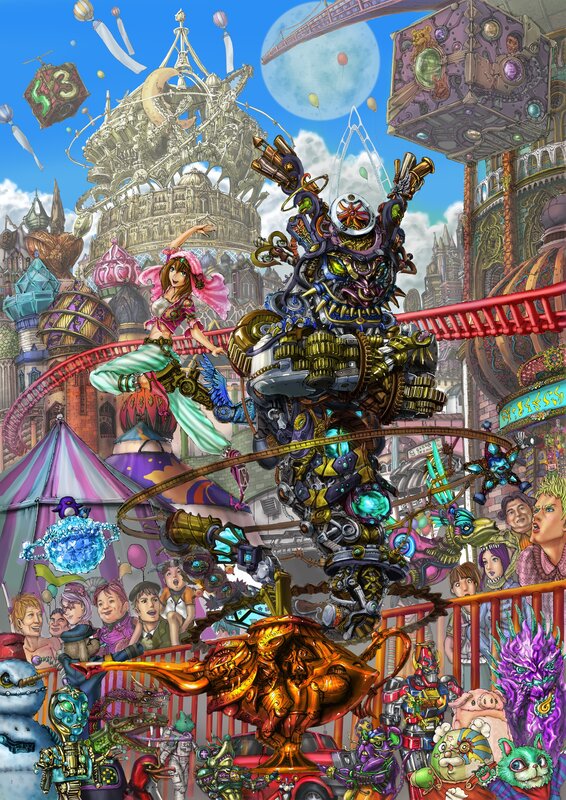 Festive steampunk cityscape