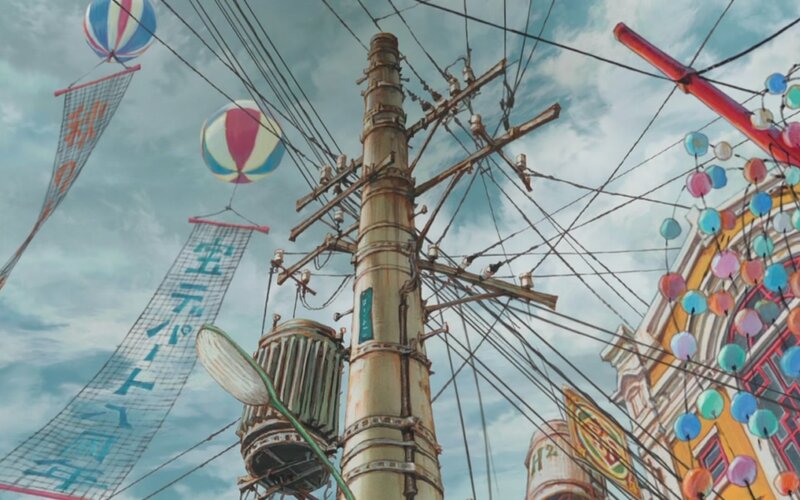 Festive street with balloons and wires