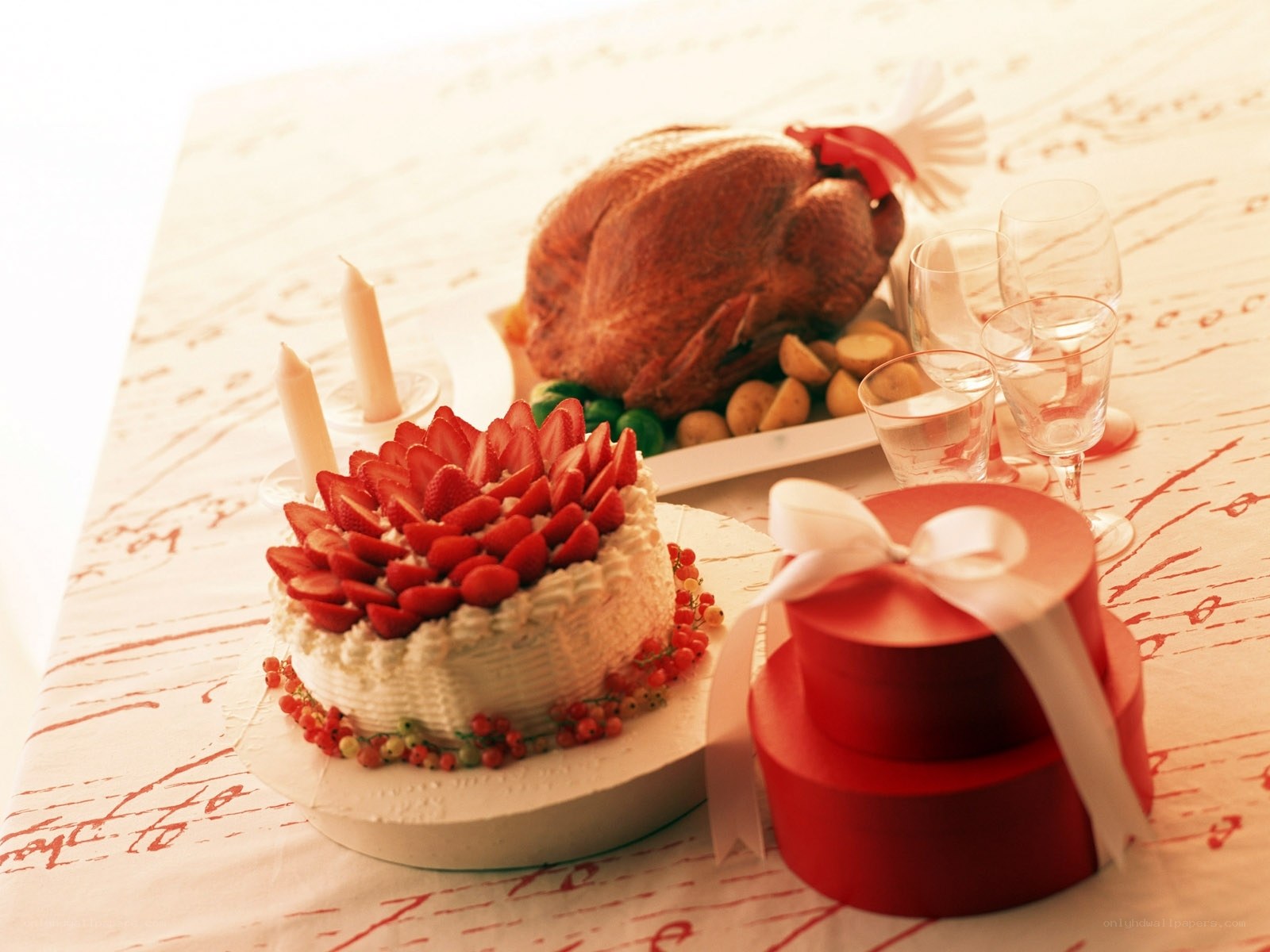 Festive table with cake and turkey
