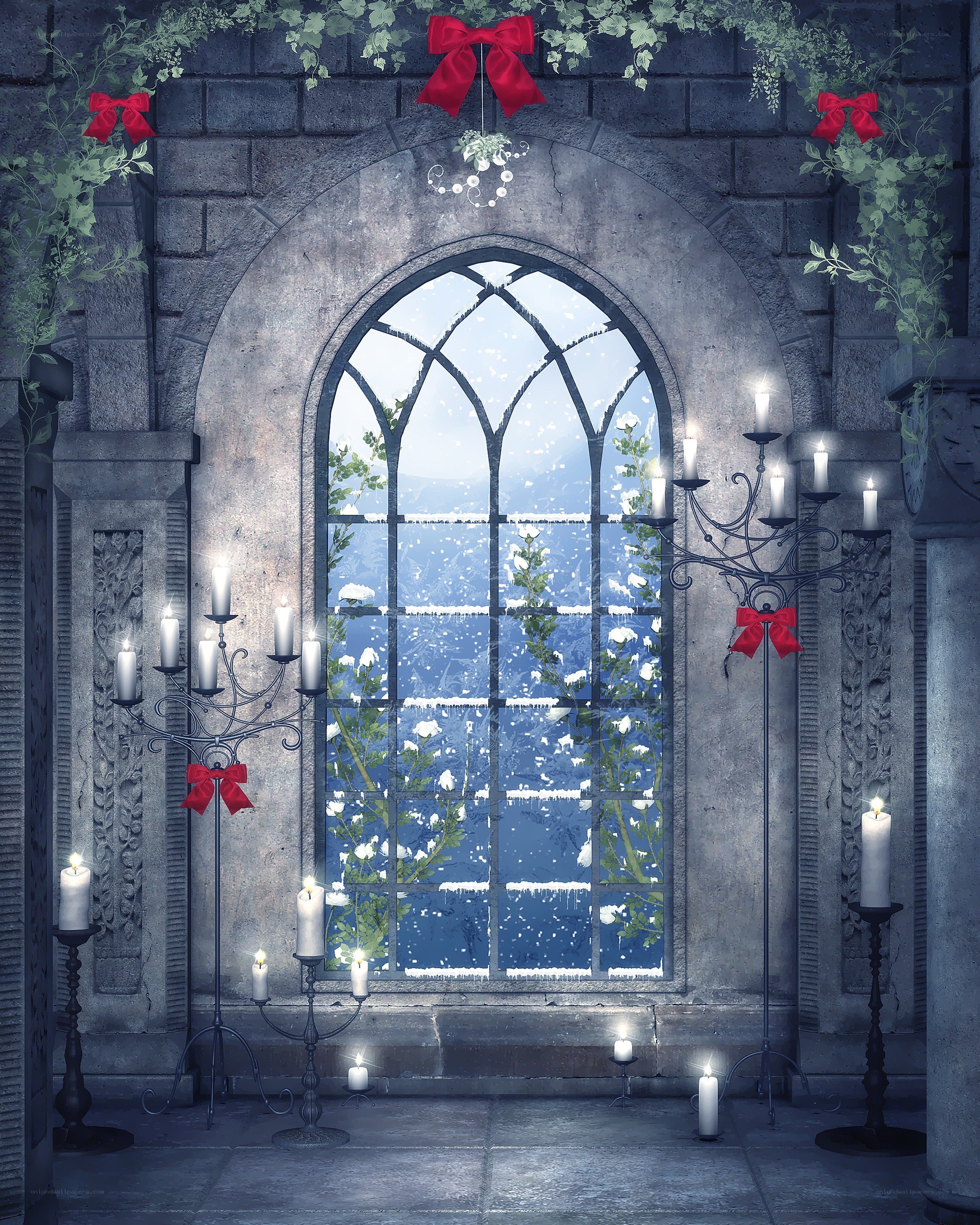 festive window in a stone hall