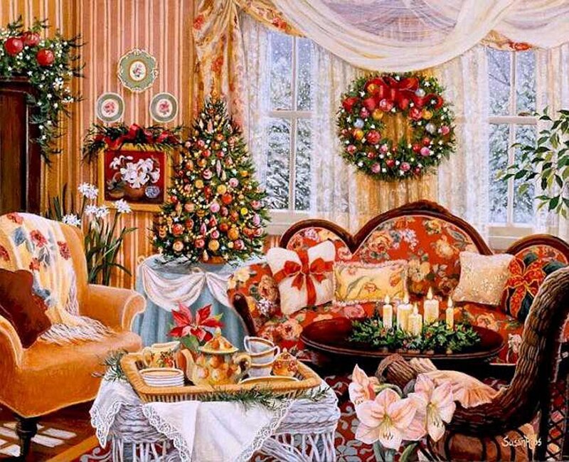 Festively Decorated Living Room — Red