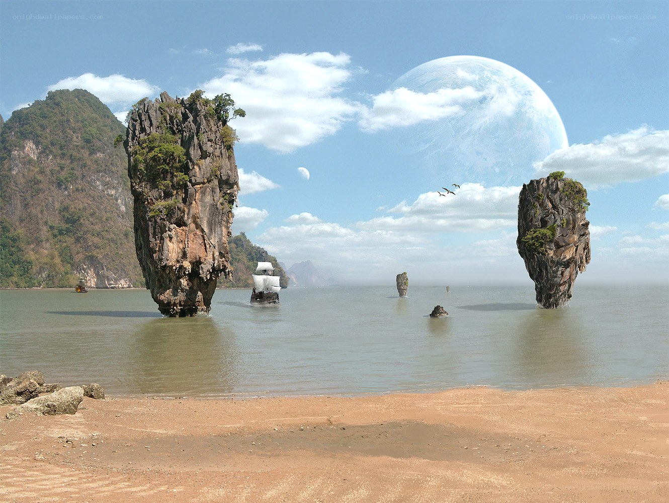 Fictional seascape with giant moon