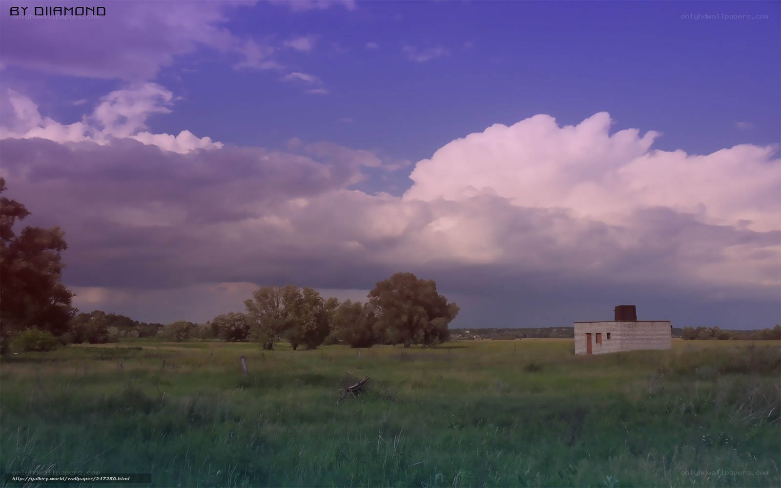Field with small house and storm clouds