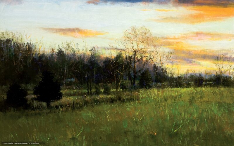 Field with Trees at Sunset — Green