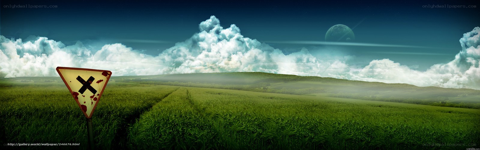 Field with warning sign and planet