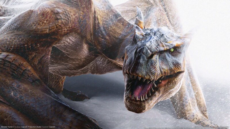 Fierce Dragon in Snow — Brown, Dramatic, Winter, Digital Art, Open Mouth, Gray, White