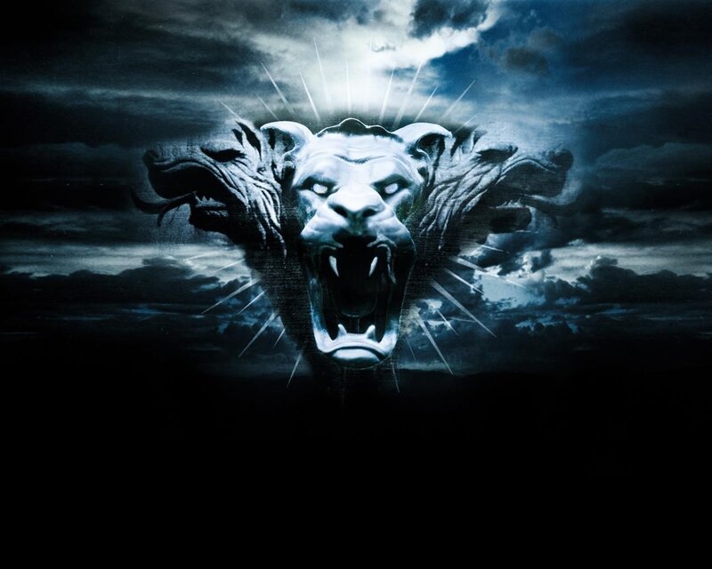 fierce lion head in stormy sky
