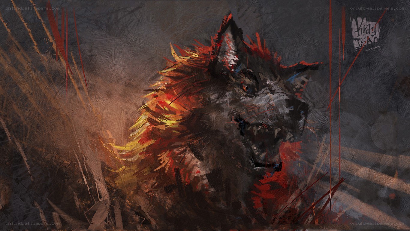 Fierce wolf in fiery brushstrokes