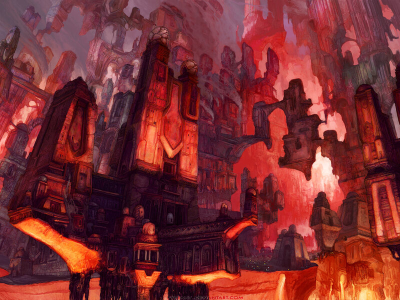 Fiery alien cityscape