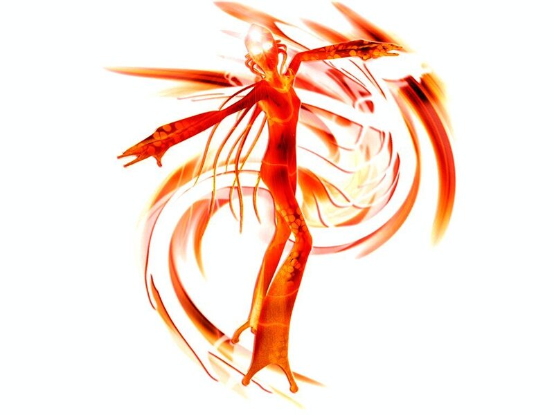fiery alien figure in motion