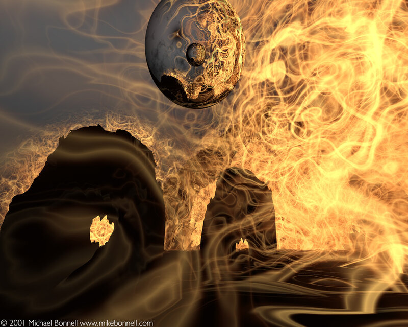 Fiery alien landscape with floating spheres