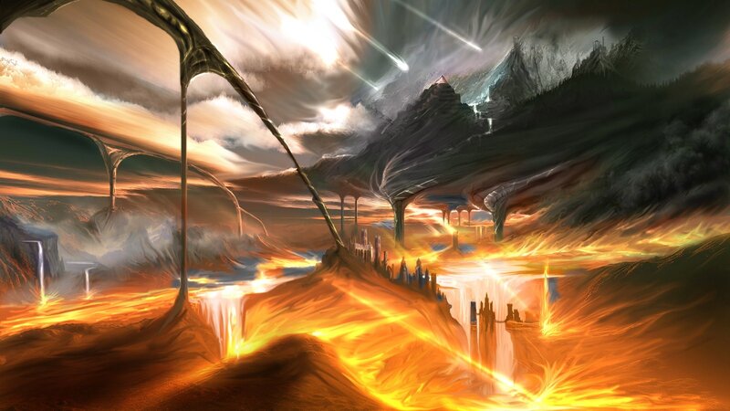 Fiery alien landscape with floating structures