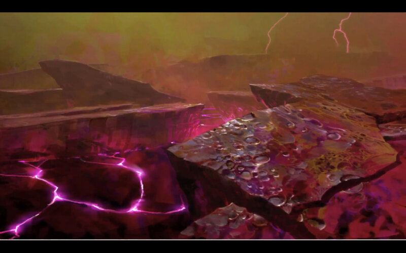 Fiery alien landscape with lightning