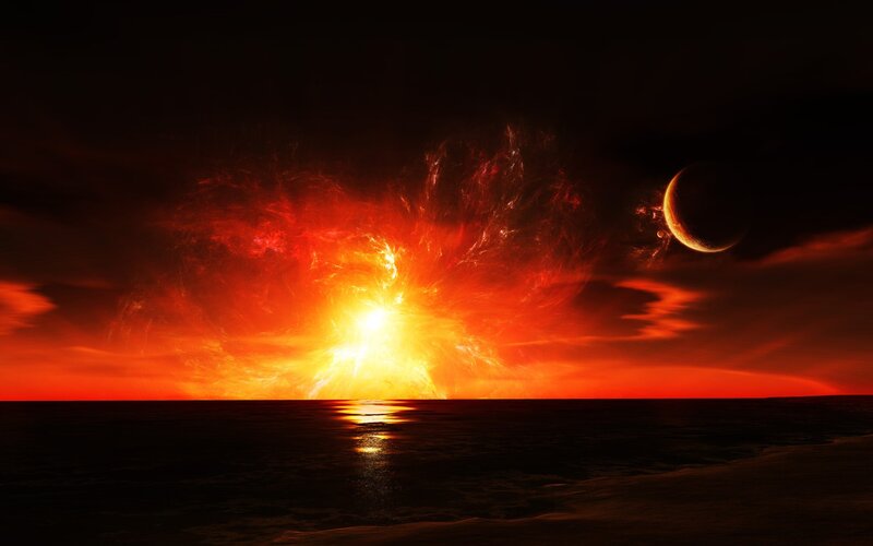 Fiery alien sunset over ocean