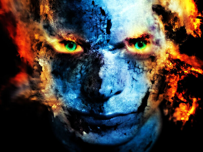Fiery blue face portrait