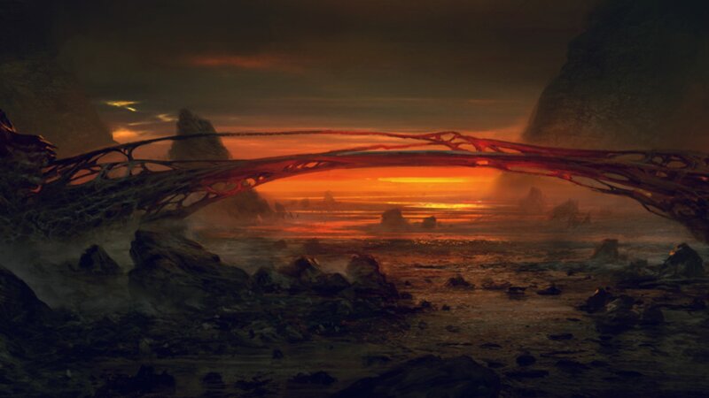 Fiery bridge over alien landscape