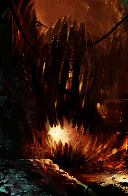 Fiery cavern with explorers