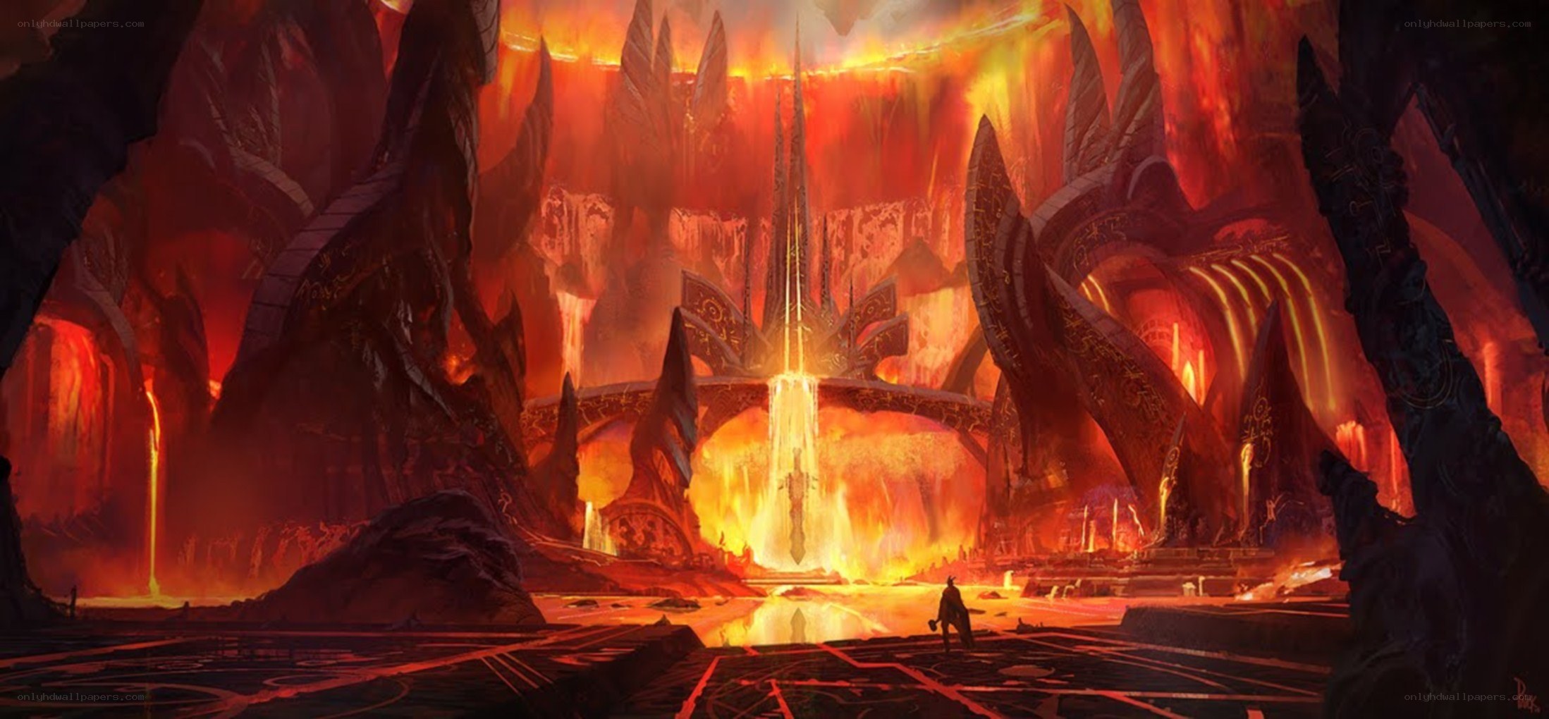 fiery cavern with lone figure