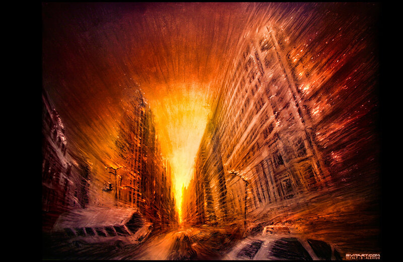 Fiery city street at night