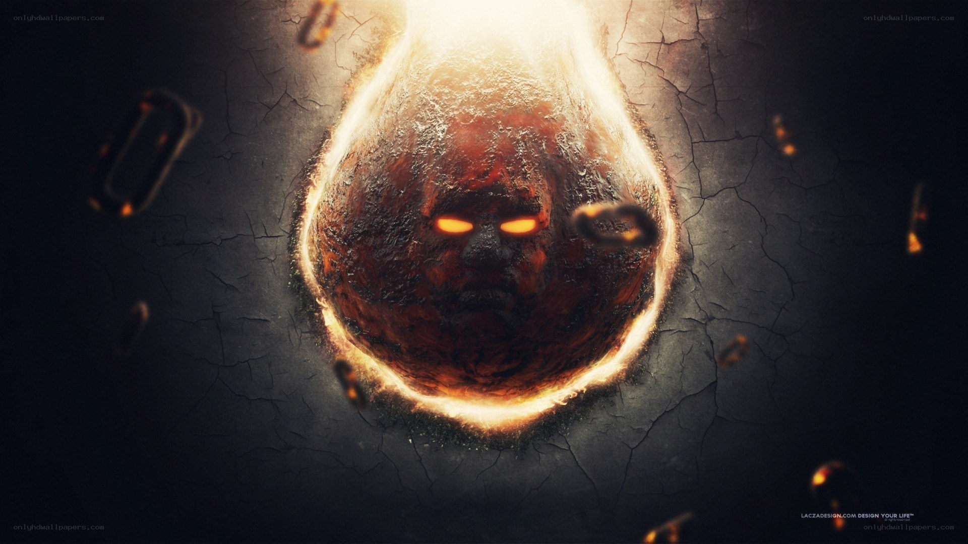 fiery demon face in cracked earth