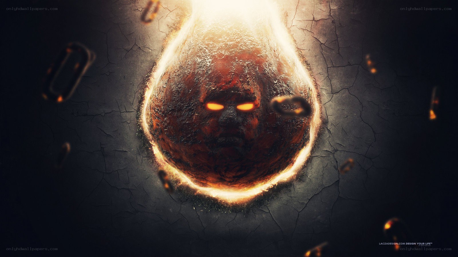 fiery demon face in cracked earth