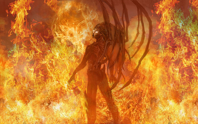 fiery demon in flames